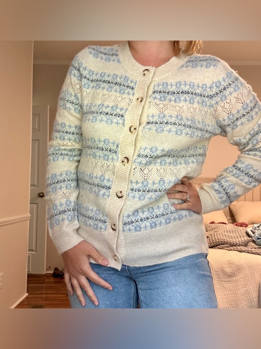 Cream & Blue Knit Button-Up Cardigan Size Large